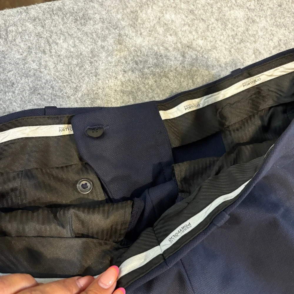 Perry Ellis Portfolio Slim Fit Men's Trousers Navy Blue Polyester/Spandex 32x32